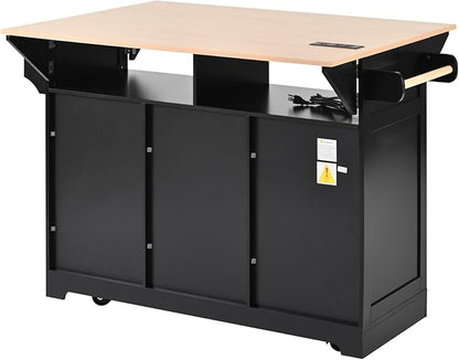 Large Kitchen Island with 2 Drop Leaf Rolling Cart with Power Outlet Folding Storage Dining Table with Spice and Towel Rack Practical(Black)