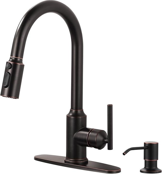 WOWOW Kitchen Faucets with Sprayer, Oil Rubbed Bronze Rv Kitchen Faucet, Single-Handle Camper Outdoor Sink laundry faucets for Utility 4 Hole Kitchen Faucet for Sink Faucet Kitchen with Soap Dispenser