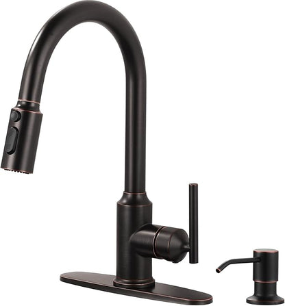 WOWOW Kitchen Faucets with Sprayer, Oil Rubbed Bronze Rv Kitchen Faucet, Single-Handle Camper Outdoor Sink laundry faucets for Utility 4 Hole Kitchen Faucet for Sink Faucet Kitchen with Soap Dispenser