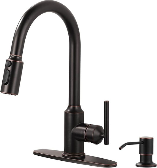 WOWOW Kitchen Faucets with Sprayer, Oil Rubbed Bronze Rv Kitchen Faucet, Single-Handle Camper Outdoor Sink laundry faucets for Utility 4 Hole Kitchen Faucet for Sink Faucet Kitchen with Soap Dispenser