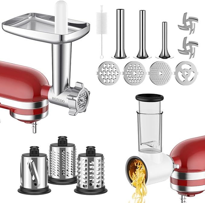 Meat Grinder & Slicer Shredder Attachments for KitchenAid Stand Mixer, Metal Meat Grinder with Sausage Stuffer Tubes, Cheese Grater, 2 Pcs Attachment Set for KitchenAid Mixers