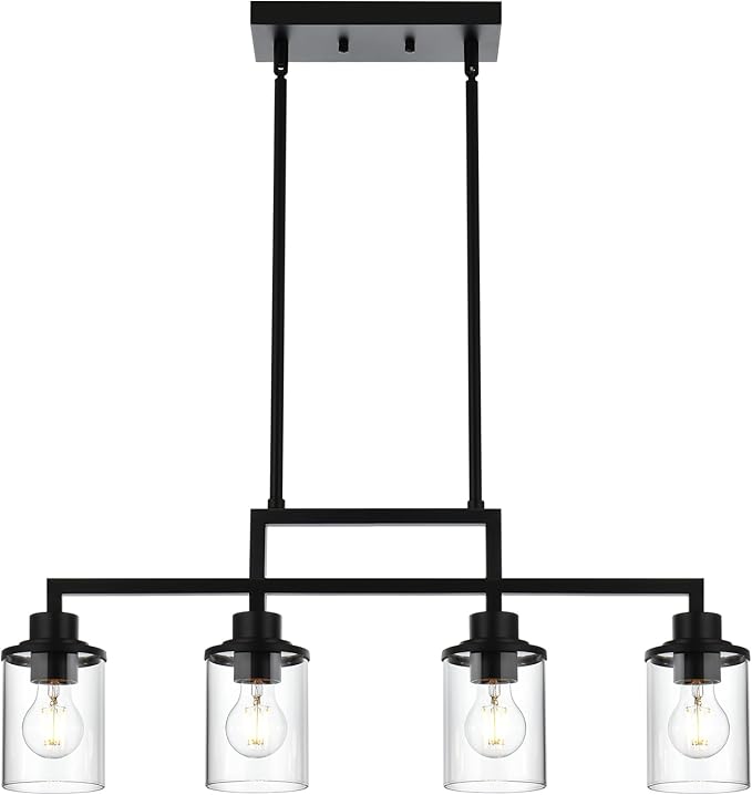 Yaohong Kitchen Island Lighting, 4-Light Farmhouse Dining Room Light Fisture Linear Chandelier Pendant Lighting with Clear Glas Shade, Matte Black Ceiling Pendant Light Fixtures for Dining Table