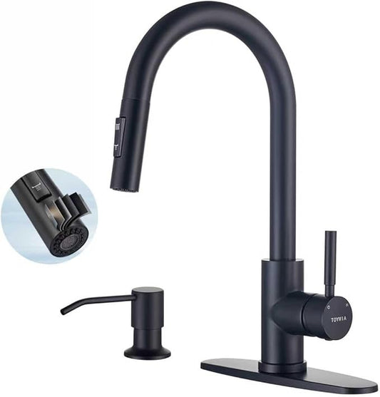 Kitchen Faucets with Soap Dispenser, Matte Black Single Handle High Arc Stainless Steel Sink Faucet with Pull Down Sprayer, 1 or 3 Hole Deck Plate Mount for Bar, RV, Laundry, Outdoor