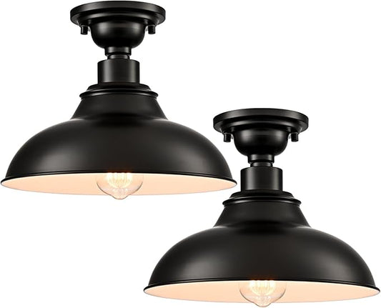 SAMTEEN Farmhouse Black Semi Flush Mount Ceiling Light 2 Pack Modern Barn Ceiling Light Fixtures 12-Inch Matte Black Flush Mount Light for Hallway Bedroom Kitchen Loft