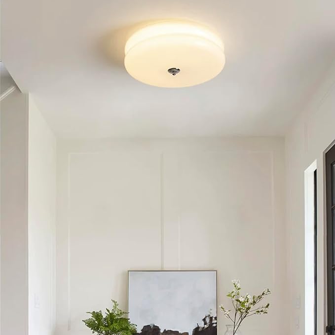Bofea-Modern Minimalism Semi Flush Ceiling Light, Round Milk Yellow Glass LED Ceiling Light, Nordic Flush Mount Ceiling Light Fixture Decorate for Bedroom Corridor &Kitchen Island