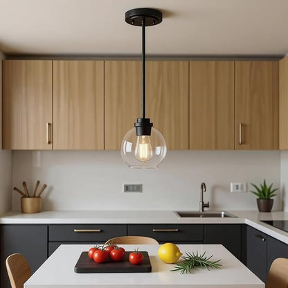Globe Pendant Light – 7 Inch Clear Glass Modern Hanging Fixture, Black Finish Adjustable Height & Sloped Ceiling Compatible for Kitchen Island Dining Room Bedroom Hallway Farmhouse, 1 Pack