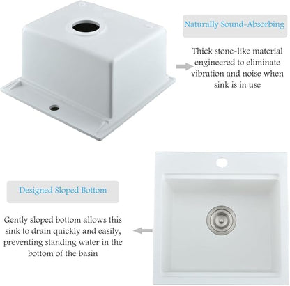15 Inch White Drop In Bar Sink Workstation -Bokaiya 15x15 Quartz Outdoor Rv Wet Bar Sink Single Bowl Small Drop In Kitchen Sinks with Cutting Board