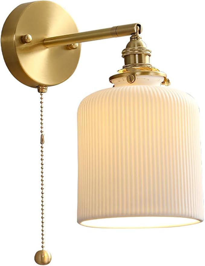 Vintage Wall Sconce Light Ceramic Wall Lamp with Pull Chain Switch White Ceramic Shade Retro Gold Brass Wall Lighting for Bedroom Kitchen Sink Farmhouse
