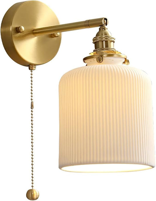 Vintage Wall Sconce Light Ceramic Wall Lamp with Pull Chain Switch White Ceramic Shade Retro Gold Brass Wall Lighting for Bedroom Kitchen Sink Farmhouse