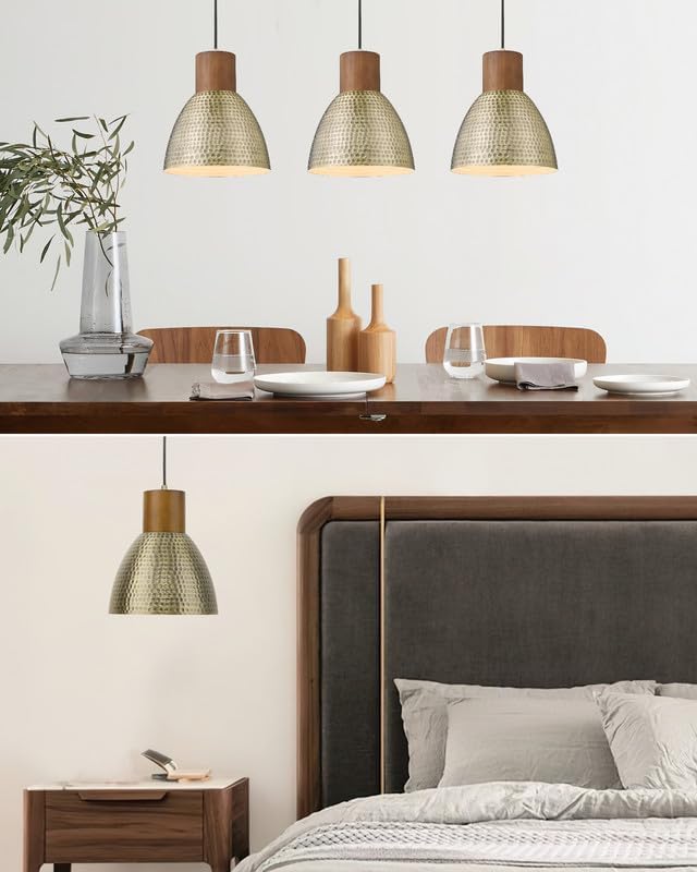 ELYONA Vintage Hammered Pendant Light Fixtures, 10.2” Industrial Metal Hanging Bar Lamp, Solid Wood Antique Gold Adjustable Pendant Light for Kitchen Island, Farmhouse, Dining Room, Brushed Brass