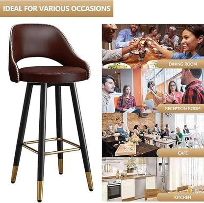 s - Counter Height PU Leather Curved Back Chairs with Metal Footrest for Kitchen Island - Design, 55cm, Perfect for Dining and Entertaining,Brown-65cm