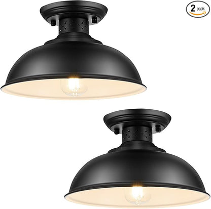 LOEHINLE 2PCS Semi Flush Mount Ceiling Light, Industrial Close to Ceiling Lighting Fixtures, Rustic Vintage Metal Black Ceiling Lamp for Kitchen Island Bedroom Hallway Farmhouse, 13in