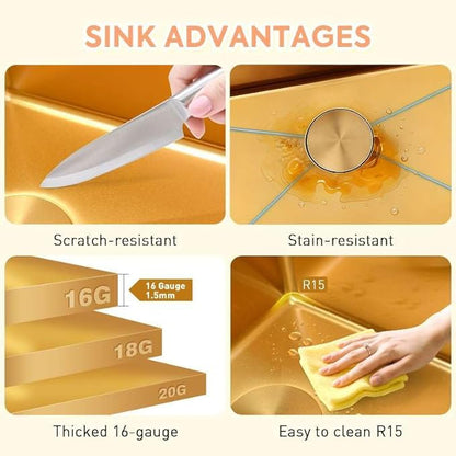 32 Inch Gold Sink Undermount Double Bowl, 16 Gauge 50/50 Double Bowl Stainless Steel Workstation Sink, 32"x18"x10" Large and Deep Kitchen Sink With Accessories