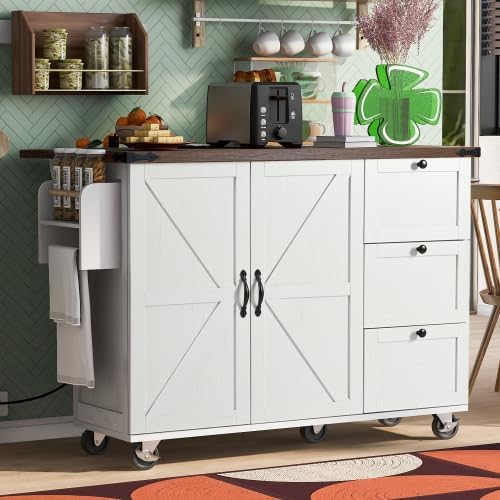 Kitchen Island Cart with Internal Storage Rack, 54.5'' Rolling Kitchen Island Table with Power Outlet, Drop Leaf, Spice/Towel Rack and Drawer, Mobile Kitchen Islands with Storage on Wheels (White)