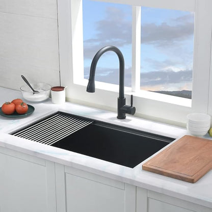 Black Undermount Kitchen Sink, 32x19 Kitchen Sink Undermount Black Stainless Steel Sinks Ledge Workstation 16 Gauge Deep Single Bowl Basin with Cutting Board