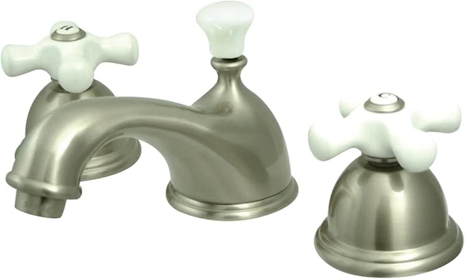 Kingston Brass KS3968PX Restoration Widespread Lavatory Faucet with Porcelain Cross Handle, Brushed Nickel