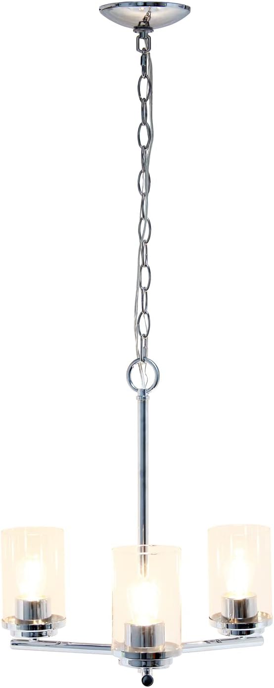 Elegant Designs PT1018-CHR 15" Traditional Vintage Modern Industrial 3-Light Metal and Clear Glass Kitchen Island Foyer Hallway Living Room Den Dining Room Hanging Pendant Chandelier, Chrome