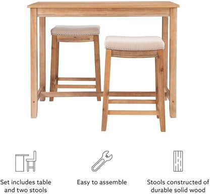 Linon Claridge Three Piece Counter Dining Set Padded Seats in Natural Brown Wood
