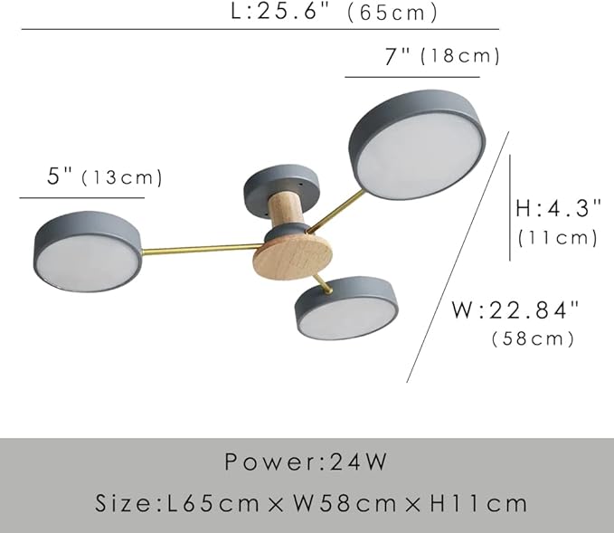 LED Ceiling Light Fixture,26 Inch 3-Lights Modern Ceiling Lights Flush Mount Wooden 24W Dimmable Chandelier for Living Room Bedroom Kitchen,3000K/4000K/6000K Temperatures Selectable Grey