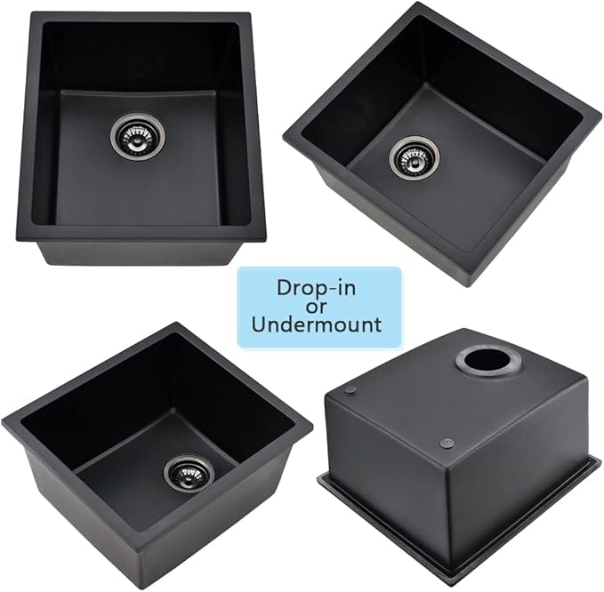 17 Inch Undermount Bar Sink Black-VASOYO 17x19 Small Kitchen Sink Black Quartz Wet Bar Sinks Outdoor Rv Single Bowl Kitchen Sinks with Bottom Grid