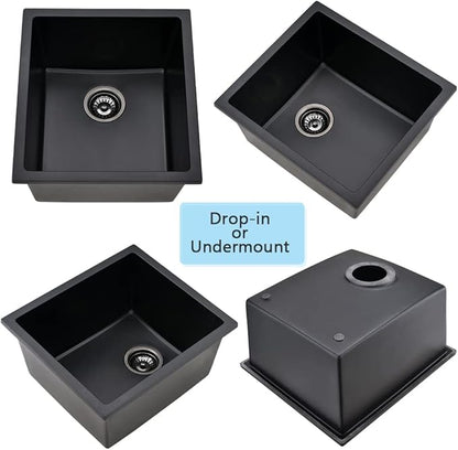 15 Inch Black Bar Sink Undermount-VASOYO 15x17 Small Kitchen Sink Black Quartz Undermount Outdoor Rv Sinks Deep Single Bowl Wet Bar Sinks Small Bowl with Bottom Grid