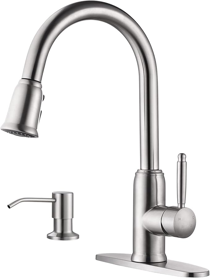 Stainless Steel Kitchen Faucet with Soap Dispenser, WOWOW Brushed Nickel Kitchen Faucet for Sinks, High Arc Single Handle Kitchen Sink Faucet with Sprayer, Vintage Style