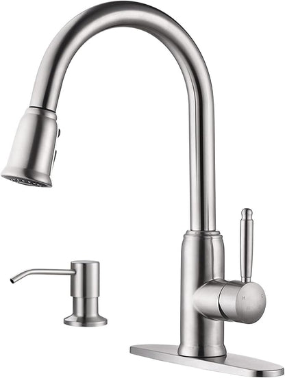 Stainless Steel Kitchen Faucet with Soap Dispenser, WOWOW Brushed Nickel Kitchen Faucet for Sinks, High Arc Single Handle Kitchen Sink Faucet with Sprayer, Vintage Style