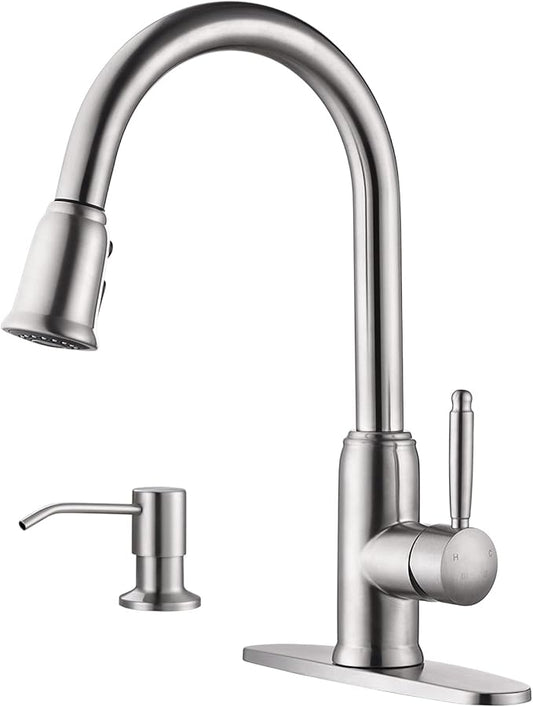 Stainless Steel Kitchen Faucet with Soap Dispenser, WOWOW Brushed Nickel Kitchen Faucet for Sinks, High Arc Single Handle Kitchen Sink Faucet with Sprayer, Vintage Style