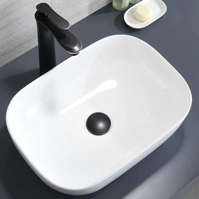 Rectangle Ceramic Vessel Sink, BoomHoze 18"x13" Modern White Vessel Sink for Bathroom Above Counter Lavatory Vanity Porcelain Washinng Art Basin