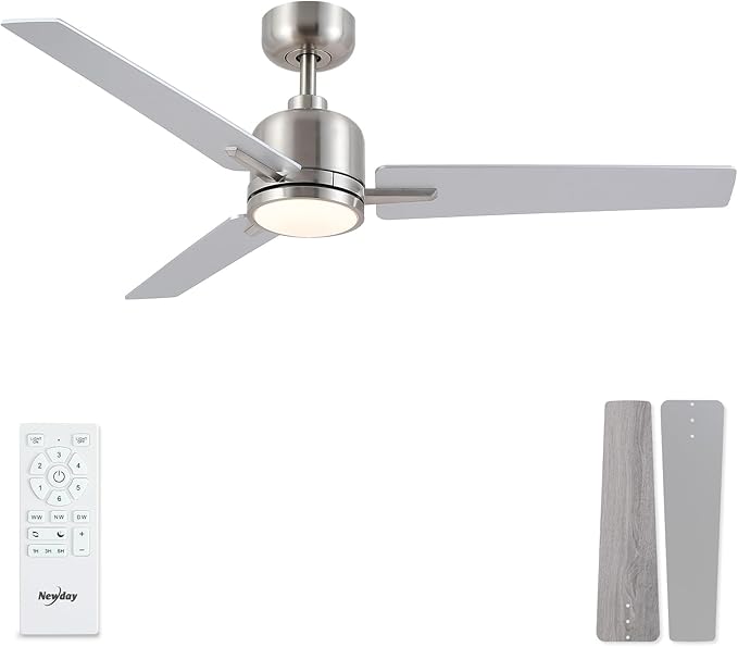 Newday 48 Inch Ceiling Fans with Lights Remote, Brushed Nickel Ceiling Fans Dimmable 3 Color Temperature, Timer, 3 Blades, 6 Speed Modern Fan Quiet Reversible DC Motor for Indoor or Covered Outdoor