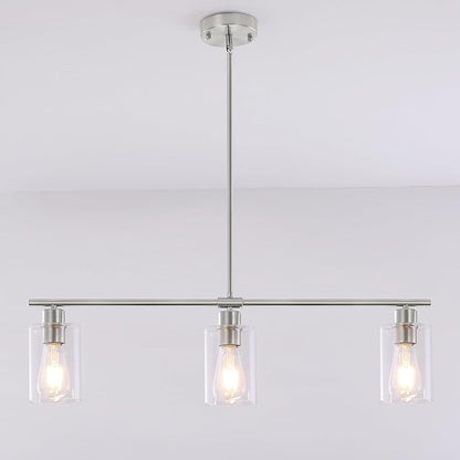 3 Lights Kitchen Island Lighting Brushed Nickel Pendant Light Fixtures with Glass Shade 31" Dining Room Chandeliers Adjustable Height Modern Linear Ceiling Hanging Light for Living Room, Foyer
