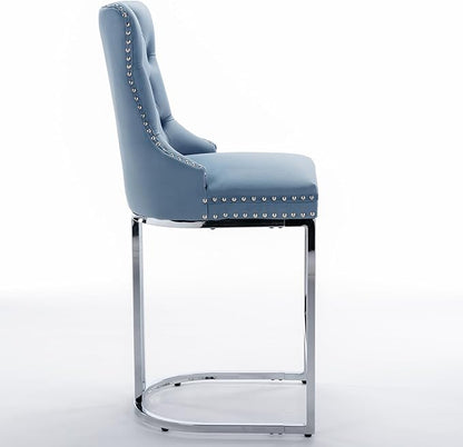 26" Counter Height Bar Stools Set of 2, Velvet Bar stools with Button BackRivet Trim Upholstered Kitchen Island Chairs with Sturdy Chromed Metal Base Legs Bar Stools,Light Blue,2 Pack