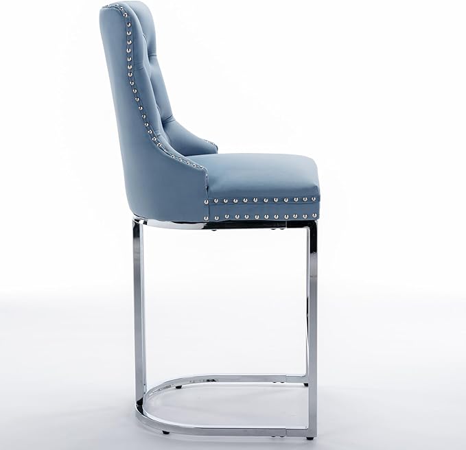 26" Counter Height Bar Stools Set of 2, Velvet Bar stools with Button BackRivet Trim Upholstered Kitchen Island Chairs with Sturdy Chromed Metal Base Legs Bar Stools,Light Blue,2 Pack