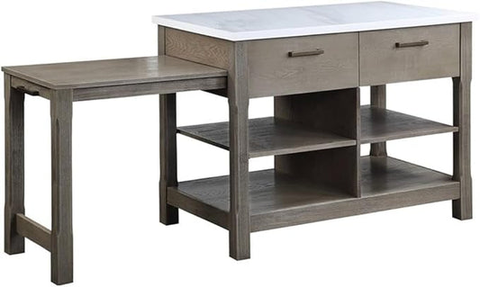 Acme Feivel Kitchen Island with Pull Out Table in Marble Top and Rustic Oak