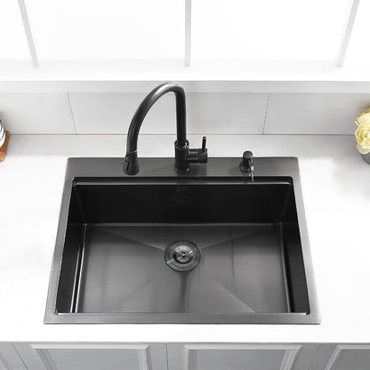 25 Black Drop in Kitchen Sink, Luckyhorse 16 Gauge Nano Black Stainless Steel 25x22 Deep Drop In Workstation Kitchen Sink LH004SB