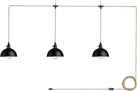 zeyu Triple Pendant Light with Plug in Cord - Industrial 3-Light Hanging Lamps with 29FT Twisted Hemp Rope Switch, Metal Dome Shade in Black Finish, ZYC49-3 BK