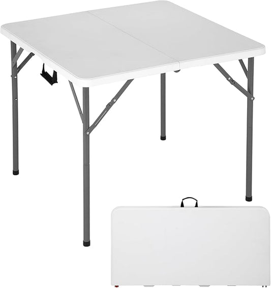 FDW 34" Square Outdoor Dining Table, Foldable Portable Plastic Folding Card Table with Built in Carrying Handle and Height Adjustable for Party and Wedding Use, White