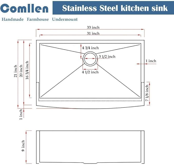 Comllen Commercial 33 Inch 304 Stainless Steel Farmhouse Sink, Single Bowl Kitchen Sinks 16 Gauge 9 Inch Deep Handmade Undermount Farm Apron Front Kitchen Sink