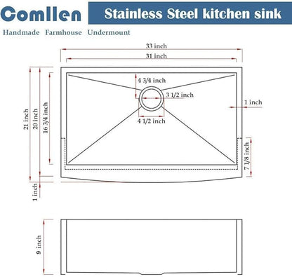 Comllen Commercial 33 Inch 304 Stainless Steel Farmhouse Sink, Single Bowl Kitchen Sinks 16 Gauge 9 Inch Deep Handmade Undermount Farm Apron Front Kitchen Sink