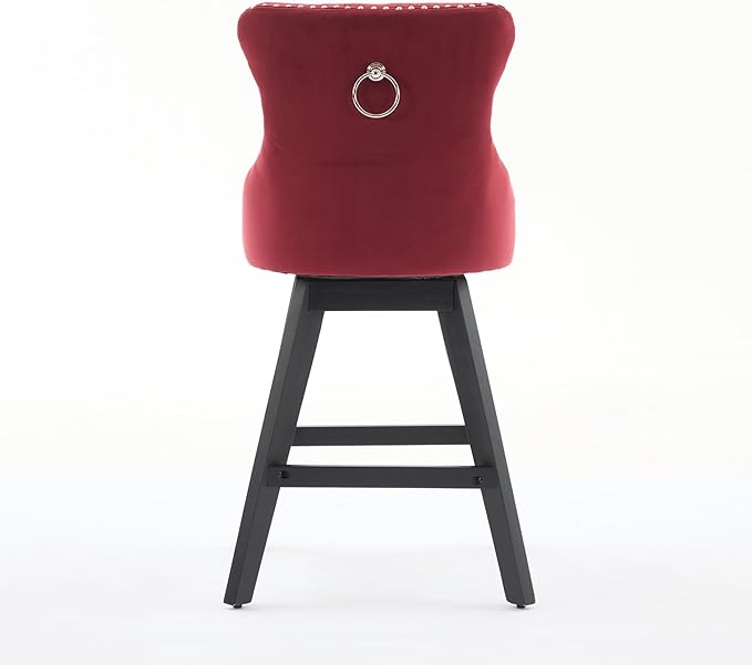Swivel Velvet Bar Stools Set of 2 Wine Red | 360° Swivel Counter Chairs with Button Tufting, Padded Foam and Spring Seat, Curved Back Support, Solid Rubber Wood Legs for Kitchen Island