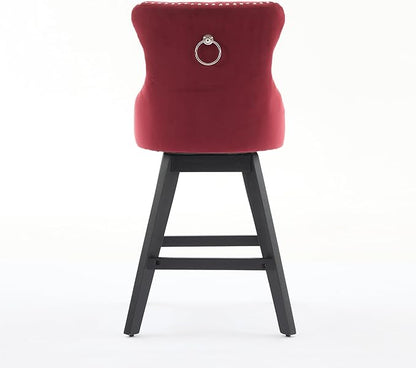 Swivel Velvet Bar Stools Set of 2 Wine Red | 360° Swivel Counter Chairs with Button Tufting, Padded Foam and Spring Seat, Curved Back Support, Solid Rubber Wood Legs for Kitchen Island