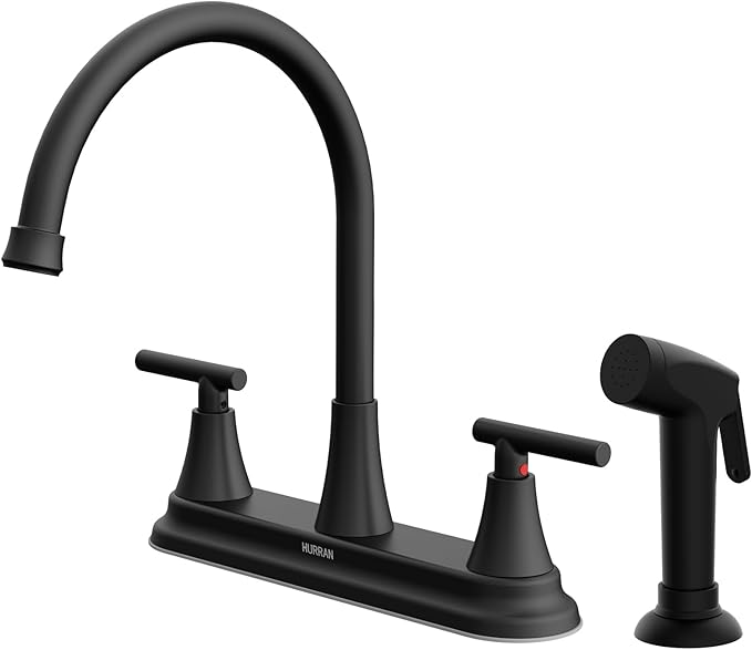 HURRAN 2-Handle Kitchen Faucet with Pull-Out Side Sprayer, 8 Inch High Arch Stainless Steel 360°Rotating Kitchen Sink Faucet, 4 Hole Faucet for Kitchen Bar Rv Camper, Black