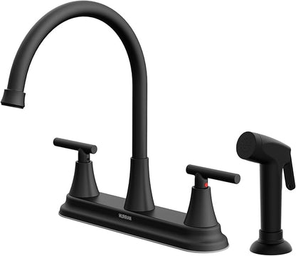 HURRAN 2-Handle Kitchen Faucet with Pull-Out Side Sprayer, 8 Inch High Arch Stainless Steel 360°Rotating Kitchen Sink Faucet, 4 Hole Faucet for Kitchen Bar Rv Camper, Black