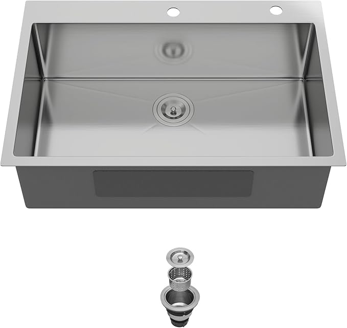 33 Inch Drop In Kitchen Sink - 33x22 Topmount 16 Gauge Stainless Steel Single Bowl Drop In Kitchen Sink 9" Deep Basin with Drain Assembly