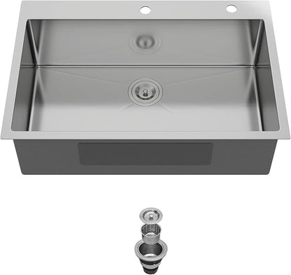 33 Inch Drop In Kitchen Sink - 33x22 Topmount 16 Gauge Stainless Steel Single Bowl Drop In Kitchen Sink 9" Deep Basin with Drain Assembly