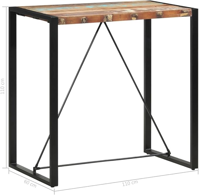 Solid Reclaimed Wood Bar Table with Steel Base, 43.3 Inch Height, Durable Dining Table for Kitchen and Home Bar, Unique Wood Grain, Space Saving Design, Industrial Accent