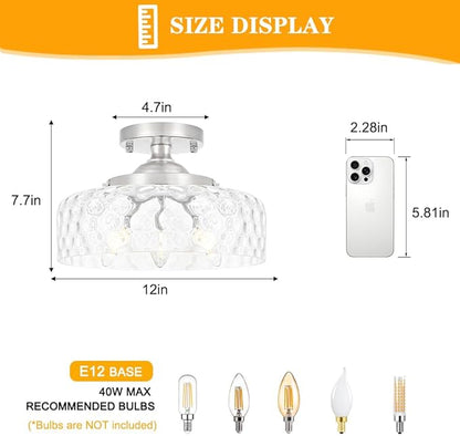 Daunton Brushed Nickel Semi Flush Mount Ceiling Light, 3-Light Ceiling Light with Hammered Glass, Vintage Hallway Light Fixtures, Kitchen Flush Ceiling Mount for Entryway Bedroom Bathroom,E12