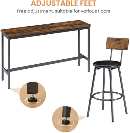 4 Piece Dining Table Set, Kitchen Table and Chairs for 3 with Upholstered Stools, Built-in Adjustable Feet, Bar Table Counter Height Pub Table Set for Living Room, Breakfast Nook, Small Space, Brown