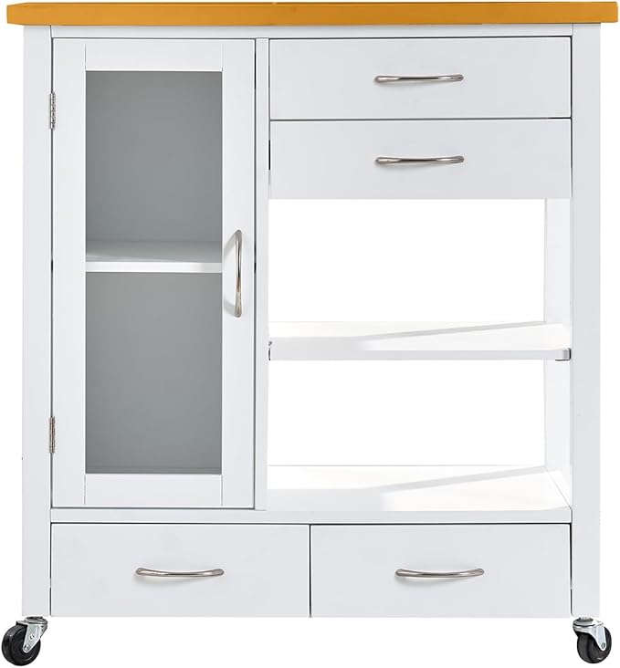 American White Oak Dining Car Table – Kitchen Island Cart with Walnut Top, Rolling Storage Cabinet with Drawers and Shelves, White Sideboard Buffet with Glass Door, Towel Bar & Locking Wheels