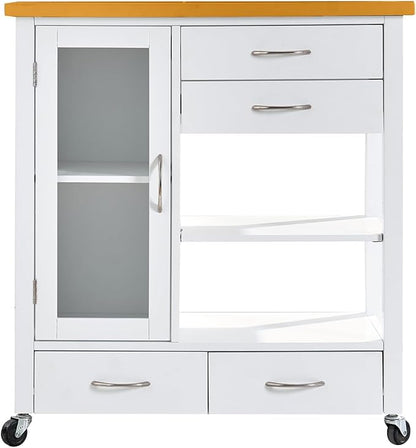 American White Oak Dining Car Table – Kitchen Island Cart with Walnut Top, Rolling Storage Cabinet with Drawers and Shelves, White Sideboard Buffet with Glass Door, Towel Bar & Locking Wheels